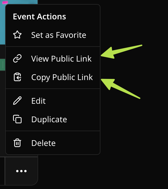 Event actions menu with copy and view options